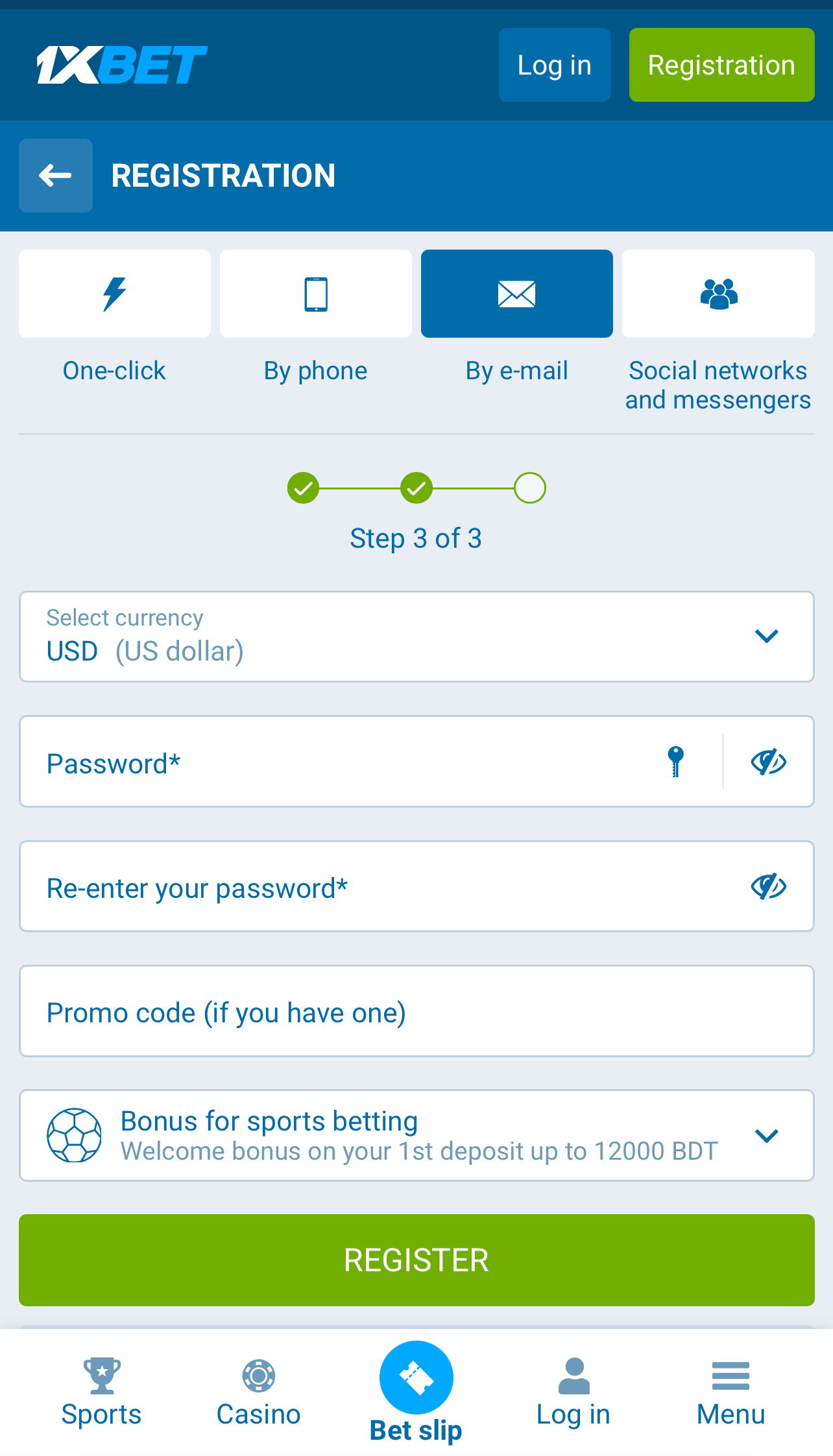 1xBet 注册第六步