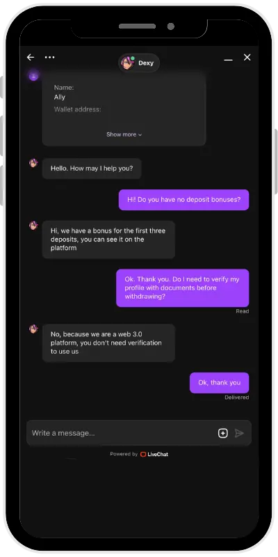 DexSport 客户支持截图