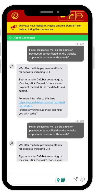 Dafabet 客户支持截图